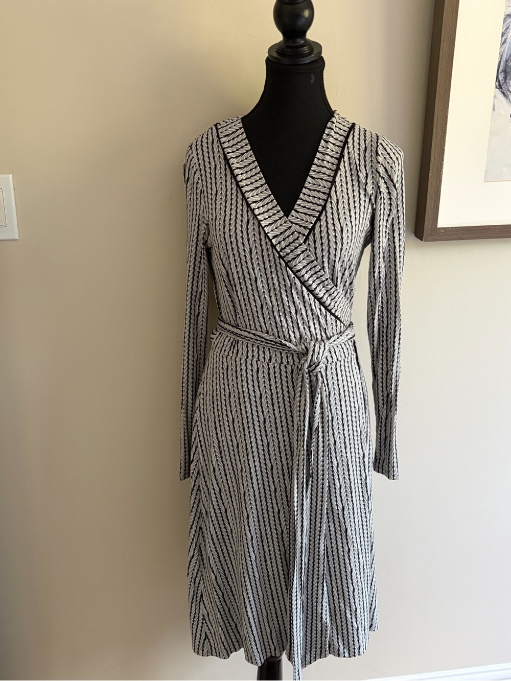 Banana Republic Black and White Striped Wrap Midi Dress